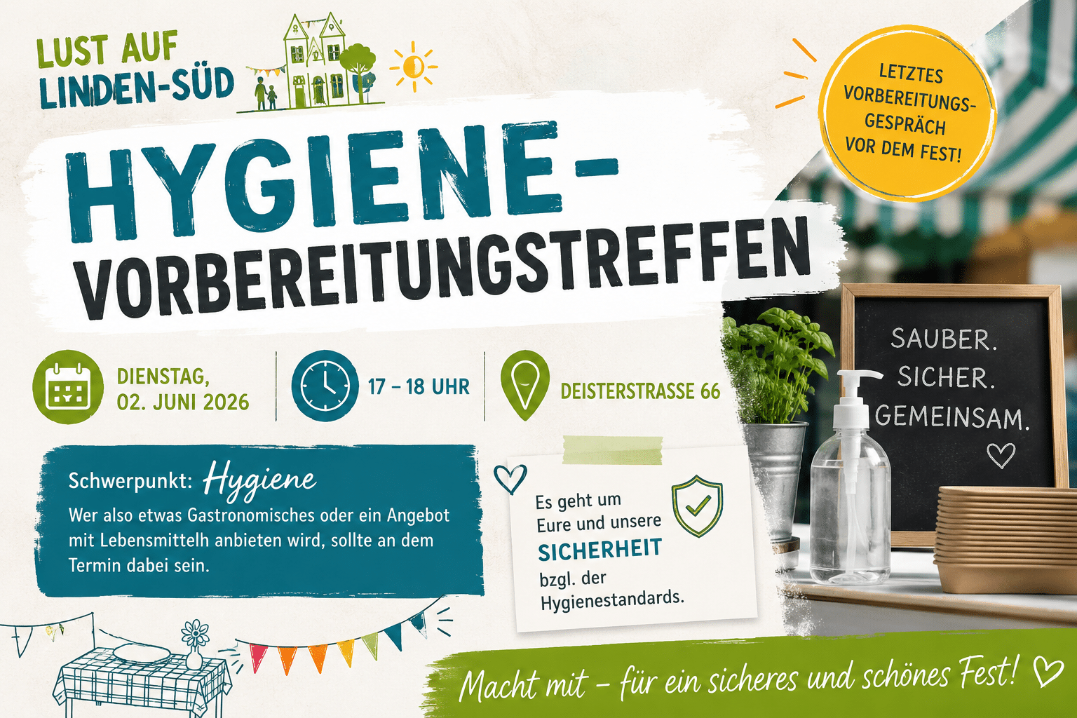 hygiene-vorbereitungstreffen-lust-auf-linden-sued-02-juni-2026 Plakat zum Hygiene-Vorbereitungstreffen von Lust auf Linden-Süd am 02. Juni 2026 in der Deisterstraße 66.